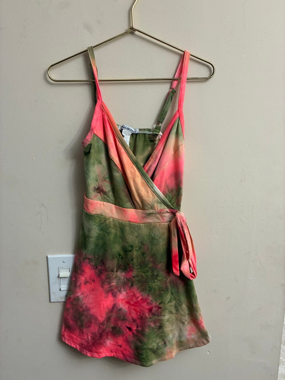 Salt Tree Tie Dye Wrap Mini Dress Pink Green Spaghetti Strap Y2K Fairy Grunge